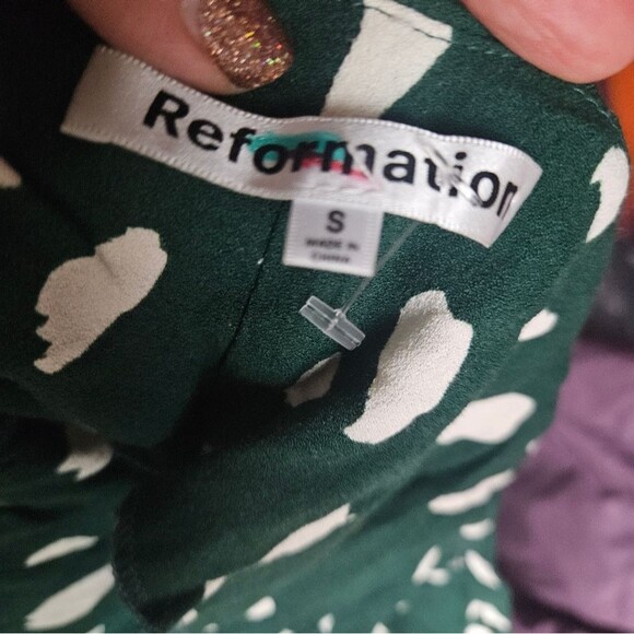 Reformation Marlowe Mini Slip Dress in Green Splatter Print Side Slit - Picture 4 of 5